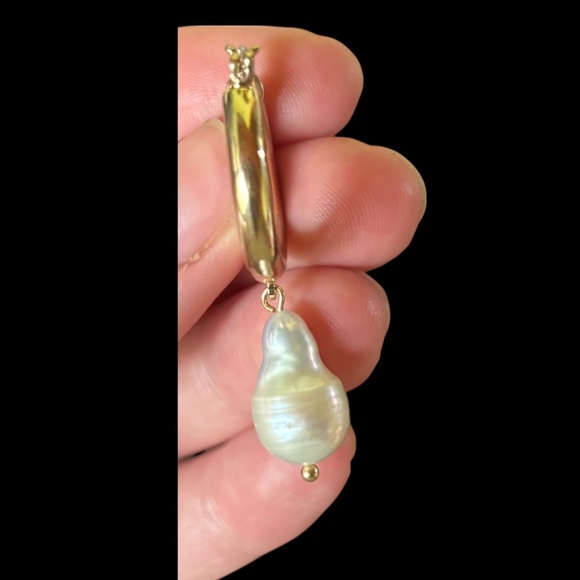 Golden Baroque Pearl Hoop Drop Earrings Coastal - Picture 5 of 7